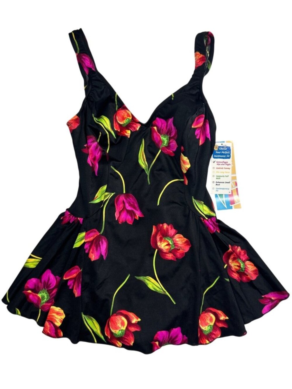 NWT Vtg Coral Key Black Floral Swimdress Women's 14 Bathing Swimsuit Cruise Wear